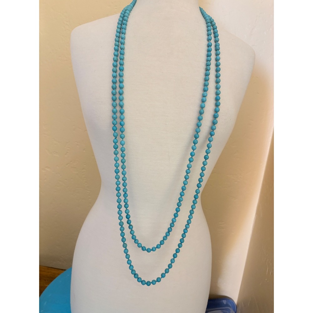 Long Knotted Turquoise Faux Stone Beaded Strand Necklace Boho Southwestern